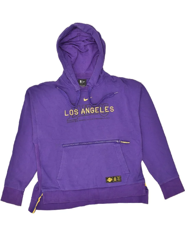 NIKE Womens Lakers Graphic Hoodie Jumper UK 16 Large Purple Cotton Hoodie with Applique Textured Unique