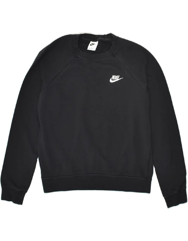 NIKE Womens Oversized Sweatshirt Jumper UK 10 Small Black Cotton Hoodie with Mock Neck Collared Structured