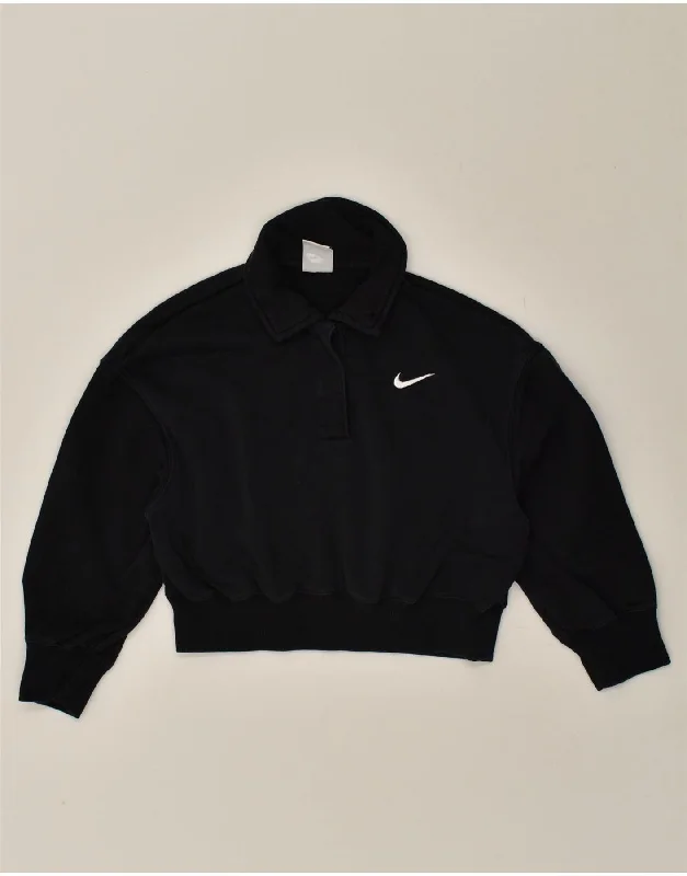 NIKE Womens Polo Neck Sweatshirt Jumper UK 6 XS Black Cotton Hoodie with Button Placket Classic Preppy