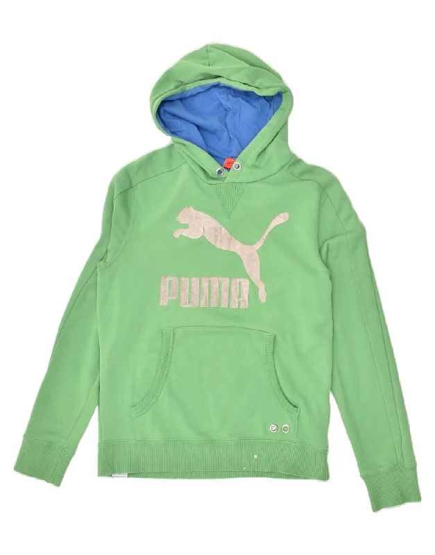 PUMA Womens Graphic Hoodie Jumper UK 10 Small Green Cotton Hoodie with Thumb Holes Functional Cozy