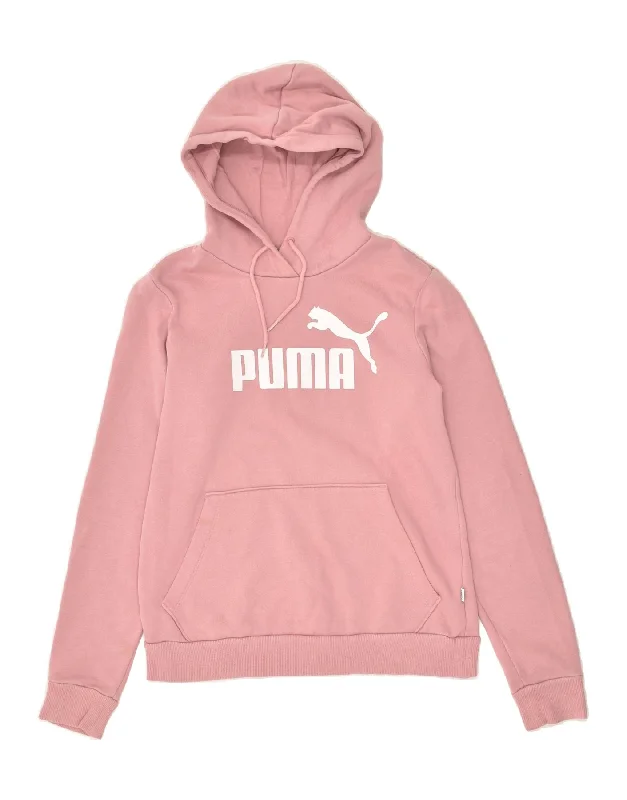 PUMA Womens Graphic Hoodie Jumper UK 10 Small Pink Cotton Hoodie with Ribbed Hem Stretchable Secure