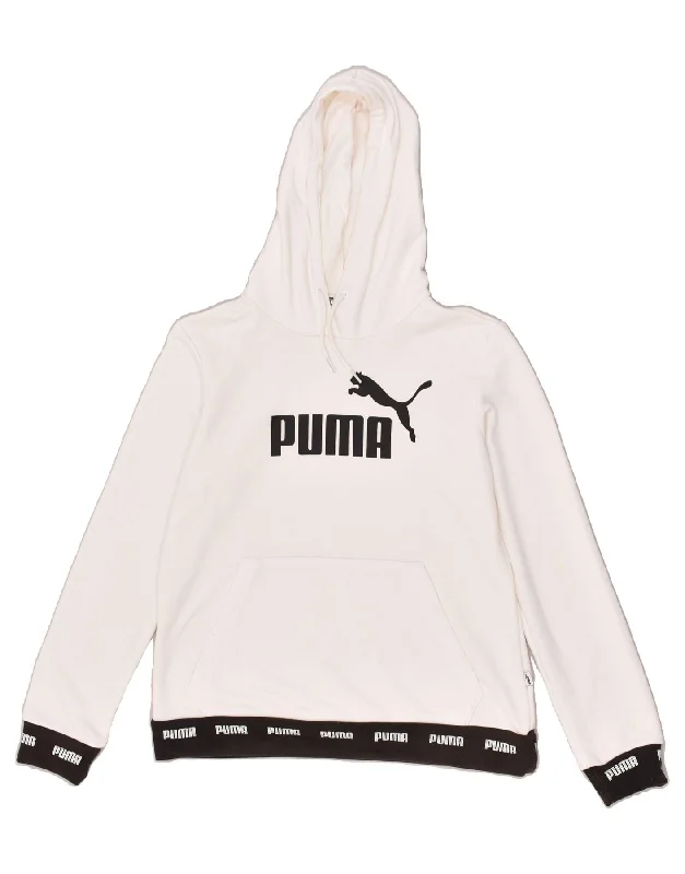 PUMA Womens Graphic Hoodie Jumper UK 14 Medium White Cotton Graphic Hoodie Design Print