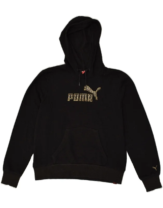 PUMA Womens Graphic Hoodie Jumper UK 16 Large  Black Cotton Hoodie with Tied Waist Feminine Flattering