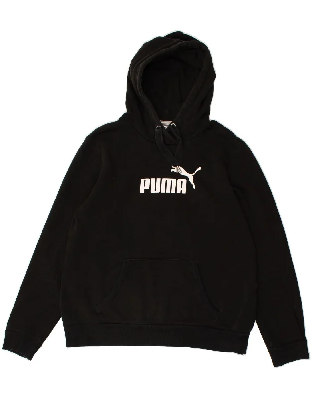 PUMA Womens Graphic Hoodie Jumper UK 16 Large Black Cotton Hoodie with Neon Bright Vibrant