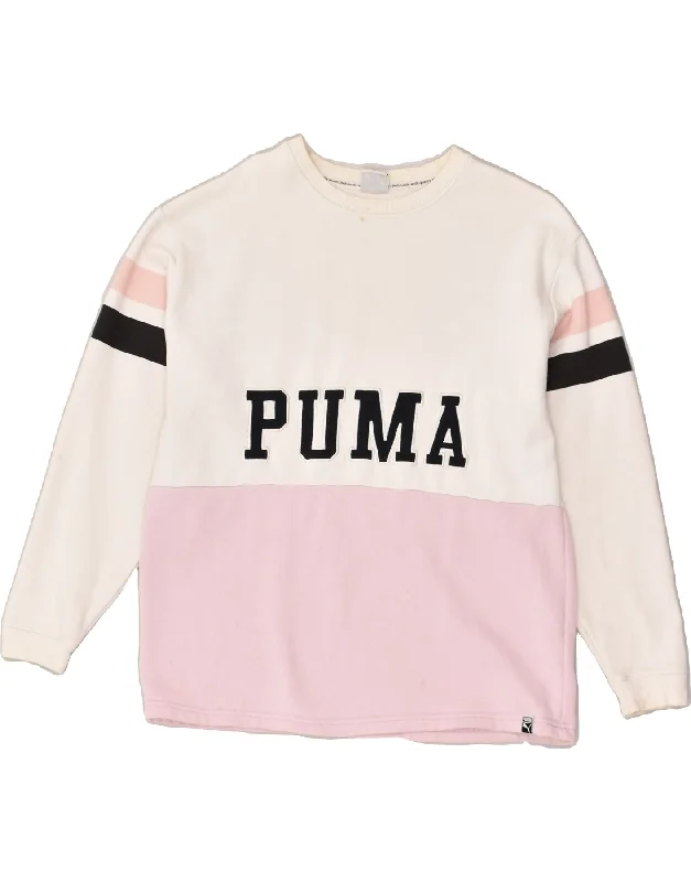 PUMA Womens Graphic Sweatshirt Jumper UK 10 Small White Colourblock Cotton Hoodie with Lace Feminine Delicate