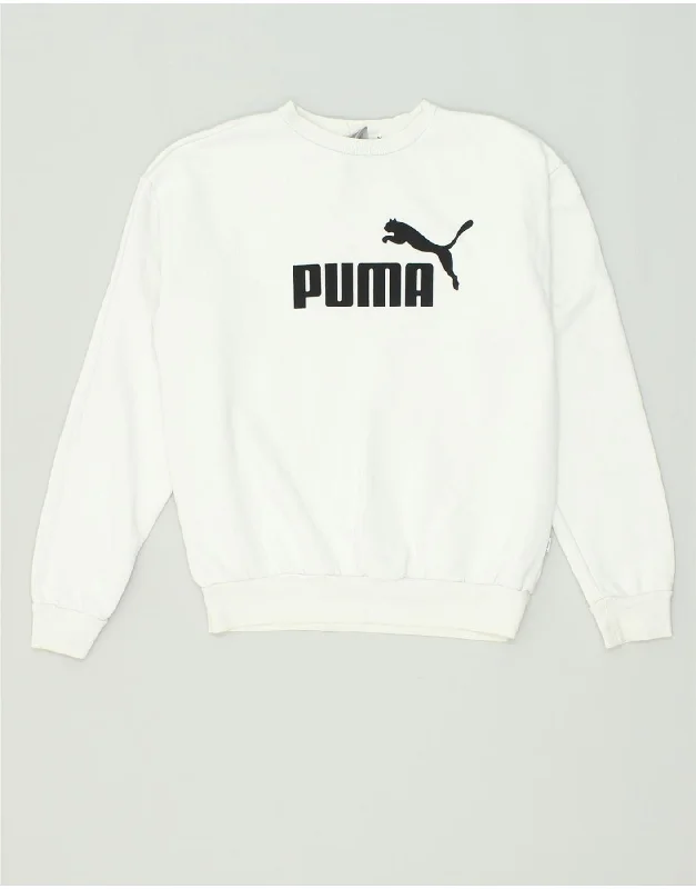 PUMA Womens Graphic Sweatshirt Jumper UK 10 Small White Cotton Hoodie with Hem Patch Decorative Personalized