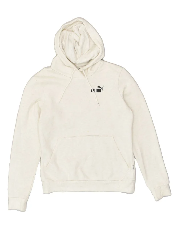 PUMA Womens Hoodie Jumper UK 10 Small Off White Cotton Hoodie with Hem Elastic Stretchable Comfortable