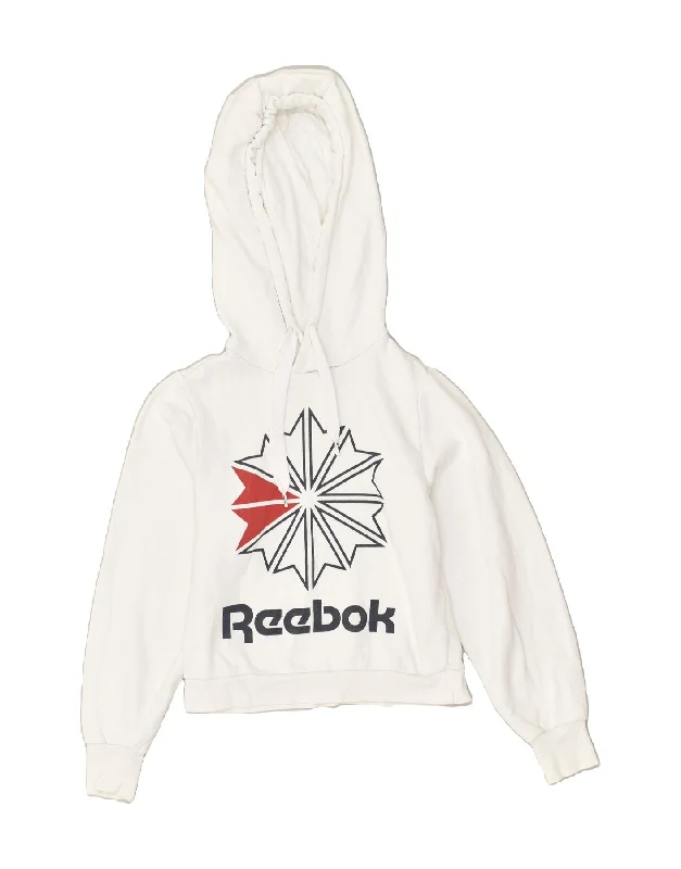 REEBOK Womens Graphic Hoodie Jumper UK 4- 6 XS White Cotton Cotton Hoodie Fleece Lining Warmth