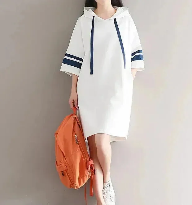 Summer Korean Style Sweatshirt Sundress With Casual Hoodies Hoodie with Hem Elastic Stretchable Comfortable