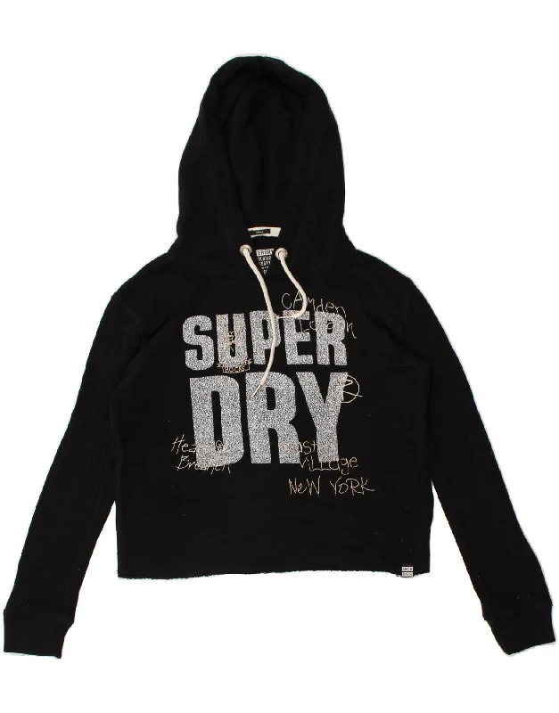 SUPERDRY Womens Graphic Hoodie Jumper UK 10 Small Black Cotton Hoodie with Raw Hem Edgy Unfinished