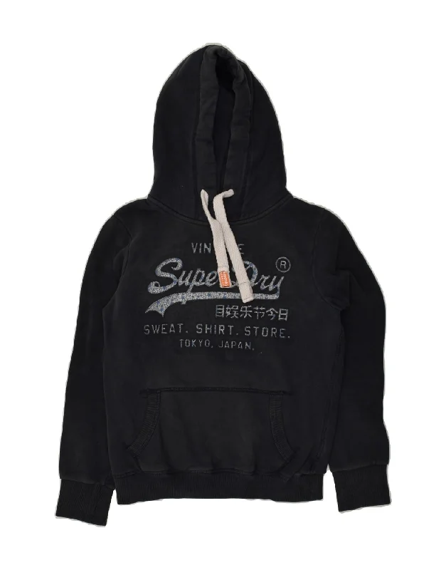 SUPERDRY Womens Graphic Hoodie Jumper UK 10 Small Black Cotton Hoodie with Hidden Zipper Minimalist Clean