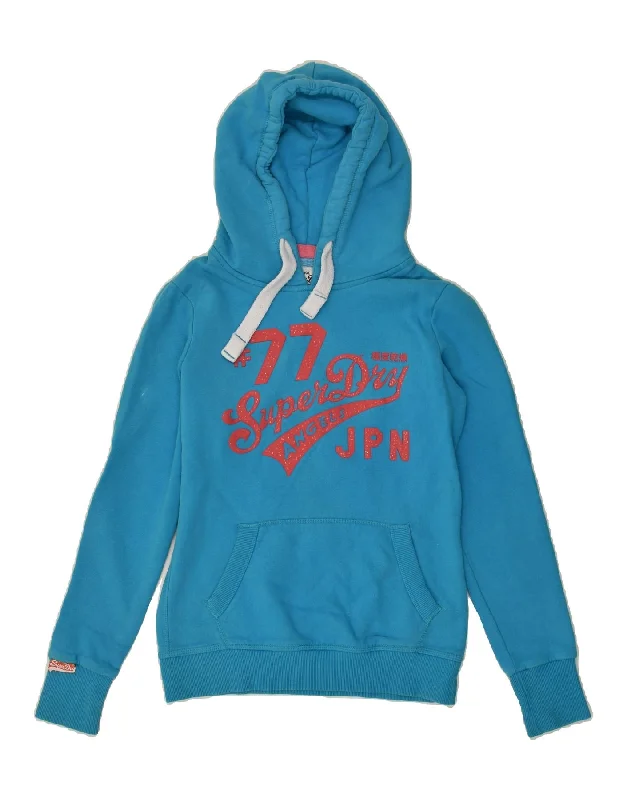 SUPERDRY Womens Graphic Hoodie Jumper UK 10 Small Blue Cotton Oversized Hoodie Comfort Casual