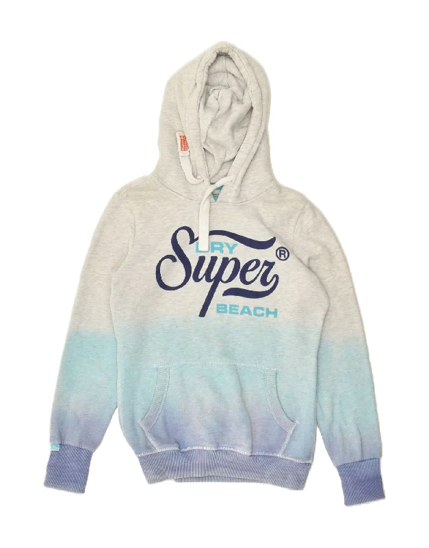 SUPERDRY Womens Graphic Hoodie Jumper UK 10 Small Grey Colourblock Cotton Hoodie with Cuffed Sleeves Snug Secure