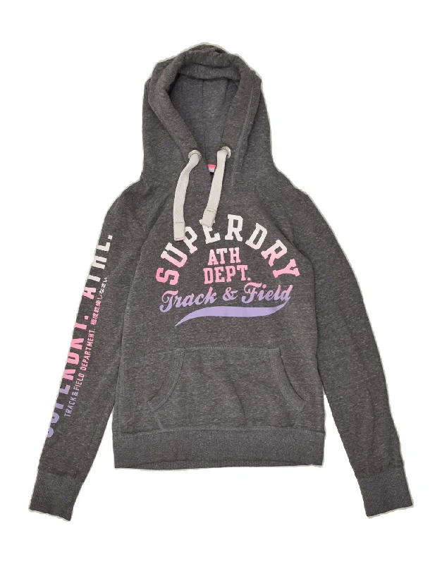 SUPERDRY Womens Graphic Hoodie Jumper UK 10 Small Grey Cotton Hoodie Sweatshirt Pullover