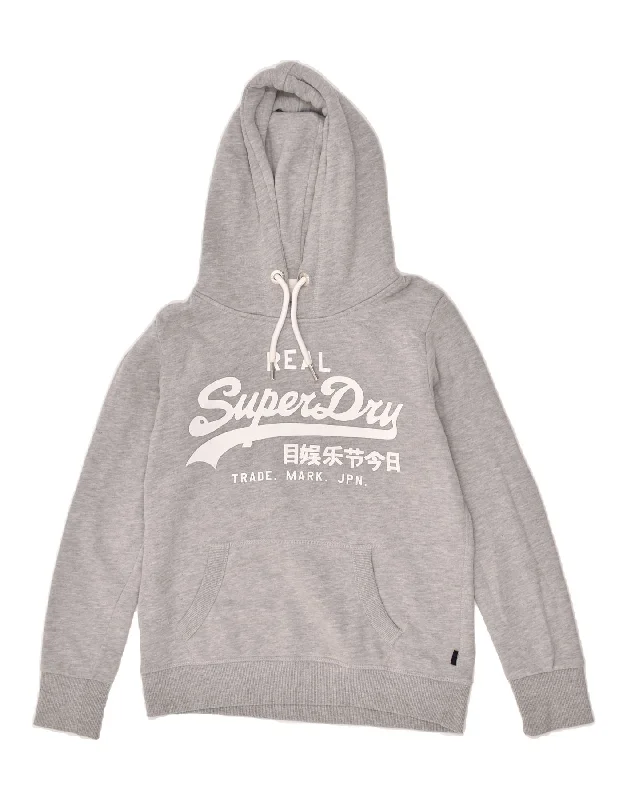 SUPERDRY Womens Graphic Hoodie Jumper UK 10 Small Grey Cotton Hoodie with Ribbed Hem Stretchable Secure