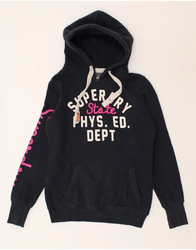 SUPERDRY Womens Graphic Hoodie Jumper UK 12 Medium Navy Blue Cotton Hoodie with Longline Fit Extended Stylish