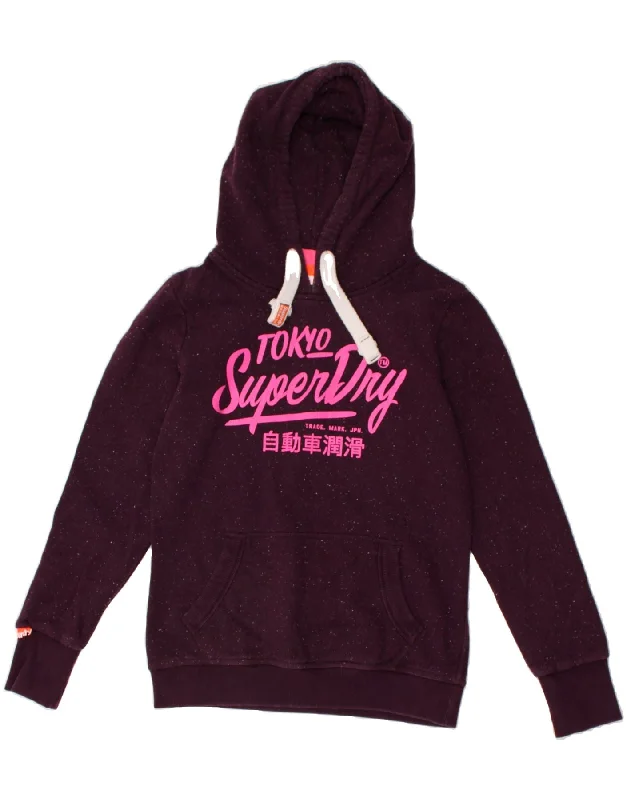 SUPERDRY Womens Graphic Hoodie Jumper UK 14 Medium Burgundy Flecked Cotton Hoodie with Monochrome Minimalist Simple