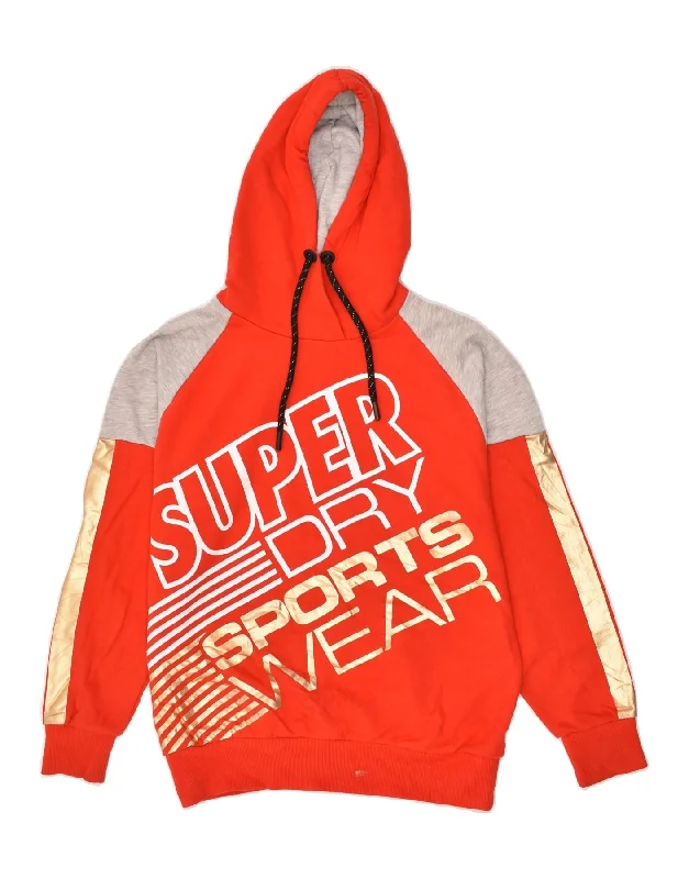 SUPERDRY Womens Graphic Hoodie Jumper UK 14 Medium Red Colourblock Cotton Hoodie with Illustration Artistic Creative