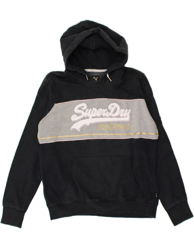 SUPERDRY Womens Graphic Hoodie Jumper UK 16 Large  Black Colourblock Hoodie with Set-In Sleeves Structured Classic