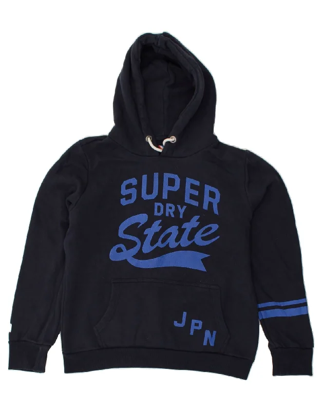 SUPERDRY Womens Graphic Hoodie Jumper UK 16 Large Navy Blue Cotton Hoodie with Applique Textured Unique