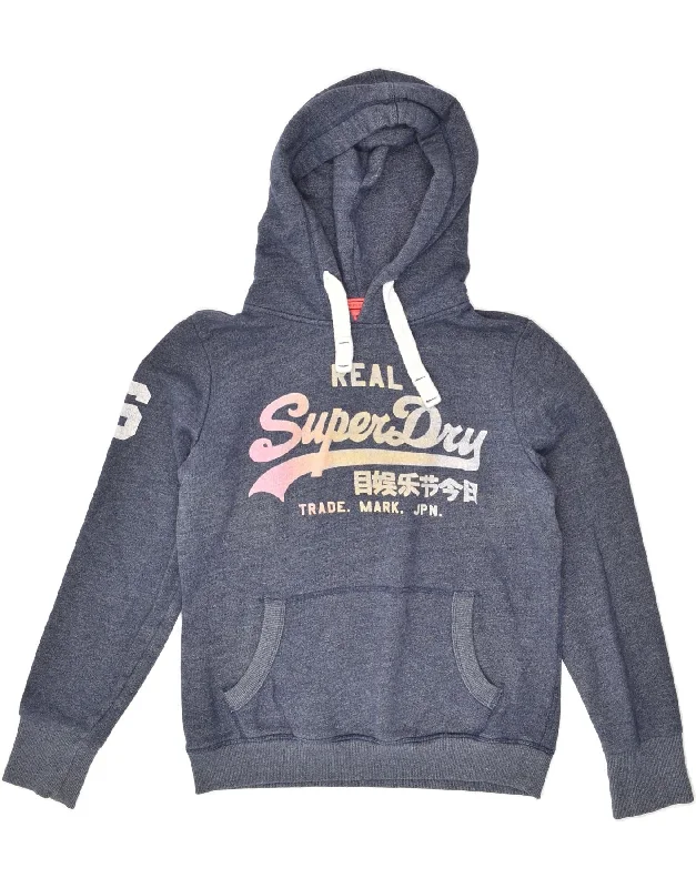 SUPERDRY Womens Graphic Hoodie Jumper UK 16 Large Navy Blue Cotton Hoodie with Turtle Neck Cozy Winter