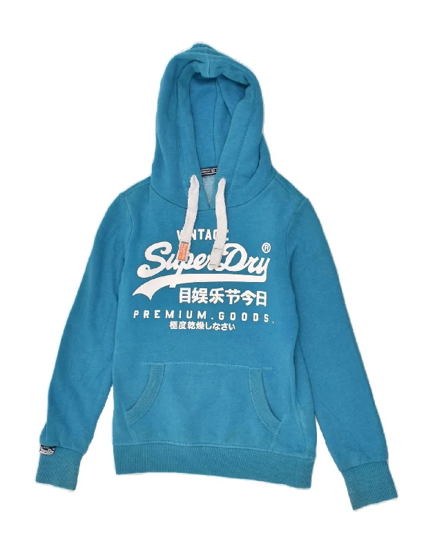 SUPERDRY Womens Graphic Hoodie Jumper UK 6 XS Blue Cotton Hoodie with Embroidery Detailed Premium