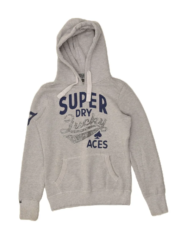 SUPERDRY Womens Graphic Hoodie Jumper UK 6 XS Grey Cotton Hoodie with Logo Branding Identity