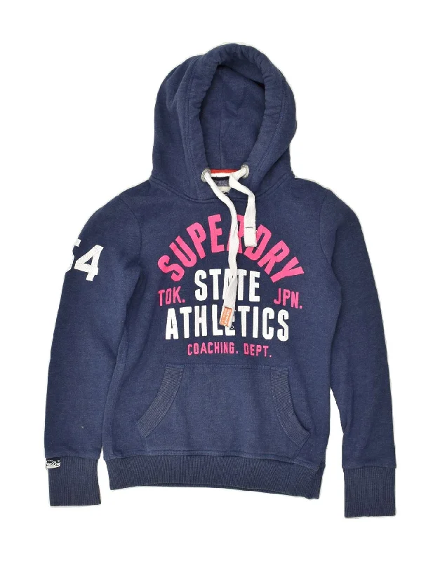 SUPERDRY Womens Graphic Hoodie Jumper UK 6 XS Navy Blue Cotton Hoodie with Hem Frayed Vintage Worn