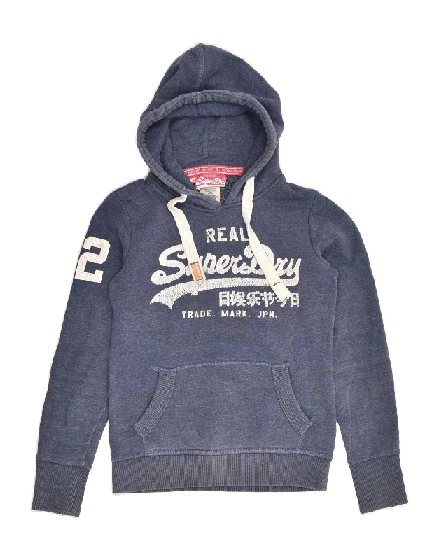 SUPERDRY Womens Graphic Hoodie Jumper UK 6 XS Navy Blue Cotton Hoodie with Color Block Contrast Stylish