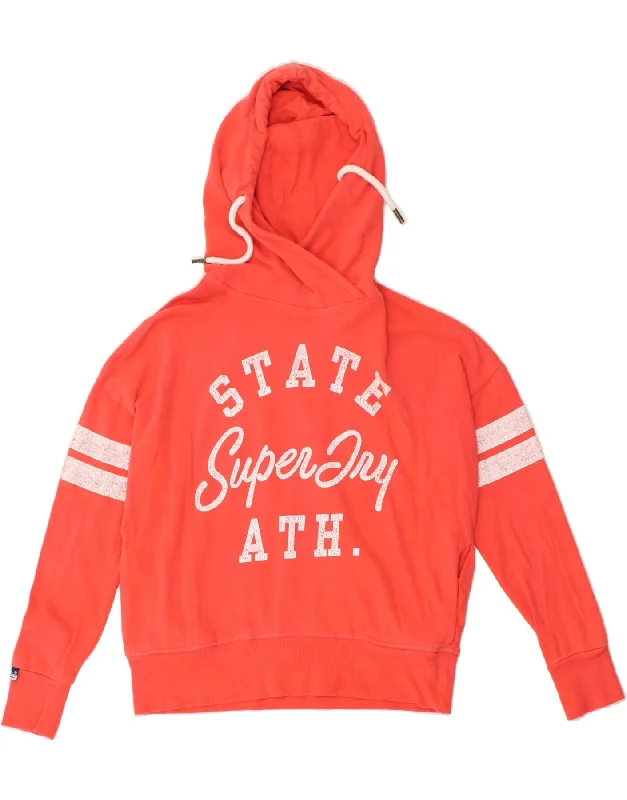 SUPERDRY Womens Graphic Hoodie Jumper UK 6 XS Red Cotton Hoodie with Metallic Shiny Futuristic