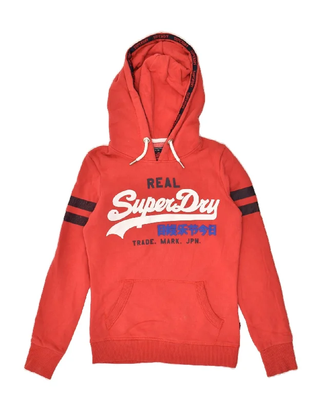 SUPERDRY Womens Graphic Hoodie Jumper UK 6 XS Red Cotton Hoodie with Slim Fit Tailored Modern