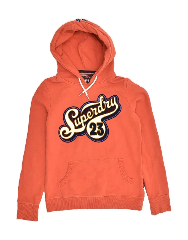 SUPERDRY Womens Graphic Hoodie Jumper UK 8 Small Orange Cotton Hoodie with Fur Luxurious Winter