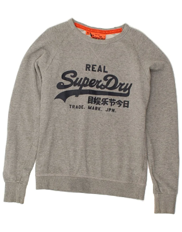 SUPERDRY Womens Graphic Sweatshirt Jumper UK 10 Small Grey Cotton Hoodie with Thumb Holes Functional Cozy