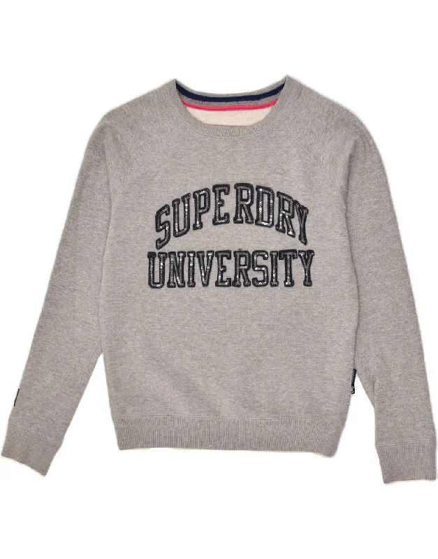 SUPERDRY Womens Graphic Sweatshirt Jumper UK 10 Small Grey Polyester Hoodie with Button Classic Timeless