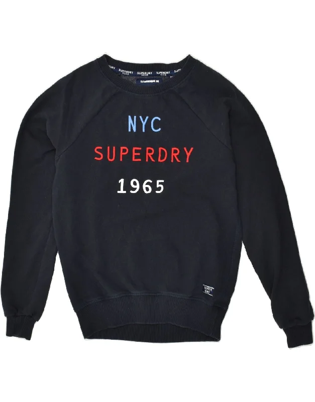 SUPERDRY Womens Graphic Sweatshirt Jumper UK 10 Small Navy Blue Cotton Hoodie with Velcro Closure Adjustable Secure