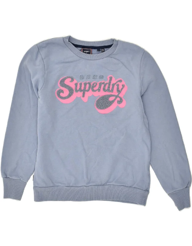 SUPERDRY Womens Graphic Sweatshirt Jumper UK 14 Large Blue Cotton Hoodie with Drawstring Waist Adjustable Fitted