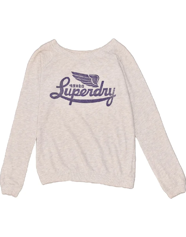 SUPERDRY Womens Graphic Sweatshirt Jumper UK 14 Medium Grey Cotton Hoodie with Exposed Zipper Edgy Industrial