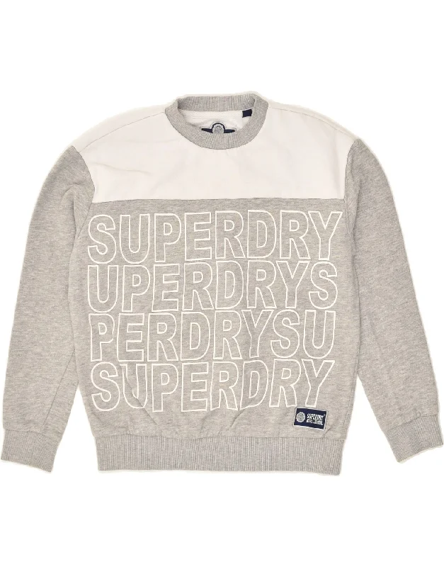 SUPERDRY Womens Oversized Graphic Sweatshirt Jumper UK 10 Small Grey Hoodie with Patch Decorative Personalized