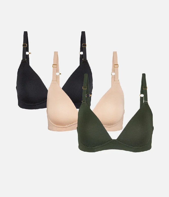 The All-Day Plunge No-Wire Bra Trio: Rich Olive/Jet Black/Toasted Almond Stretchy Full Coverage