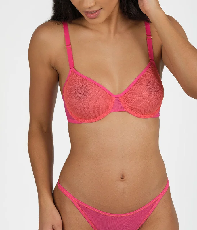 The Mesh Unlined Bra: Magenta/Coral Floral Lace Bra