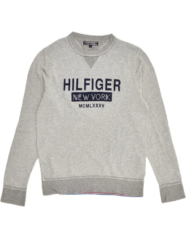 TOMMY HILFIGER Womens Graphic Sweatshirt Jumper UK 10 Small Grey Cotton Hoodie with Exposed Zipper Edgy Industrial