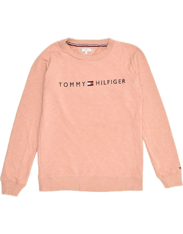 TOMMY HILFIGER Womens Graphic Sweatshirt Jumper UK 6 XS Orange Hoodie with Elastic Waist Stretchable Comfortable