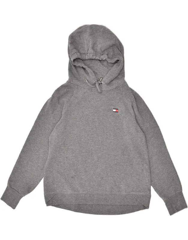 TOMMY HILFIGER Womens Hoodie Jumper UK 14 Medium Grey Cotton Hoodie with Patch Decorative Personalized