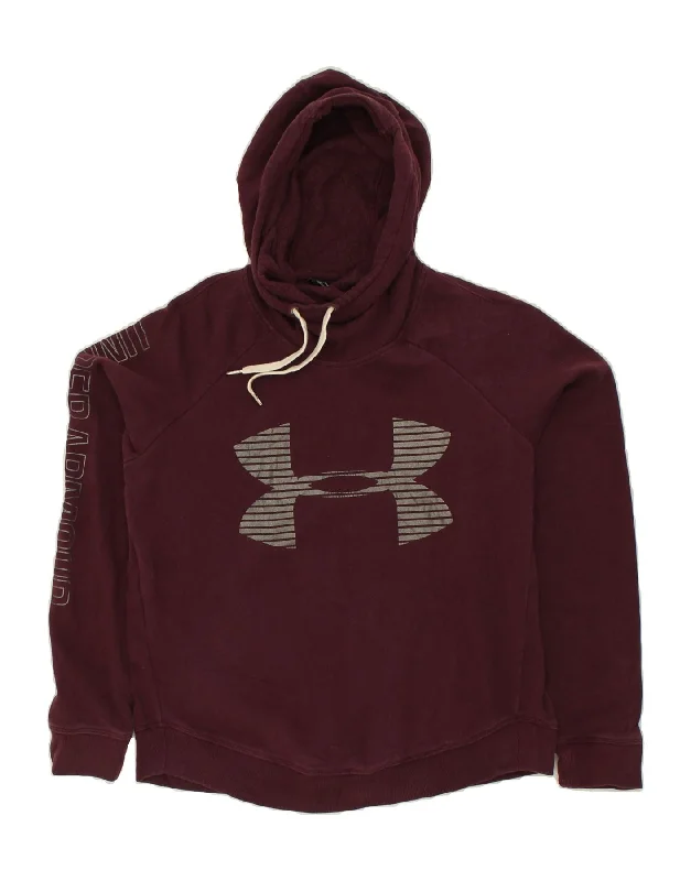 UNDER ARMOUR Womens Graphic Hoodie Jumper UK 10 Small Burgundy Hoodie with Slit Hem Functional Movement