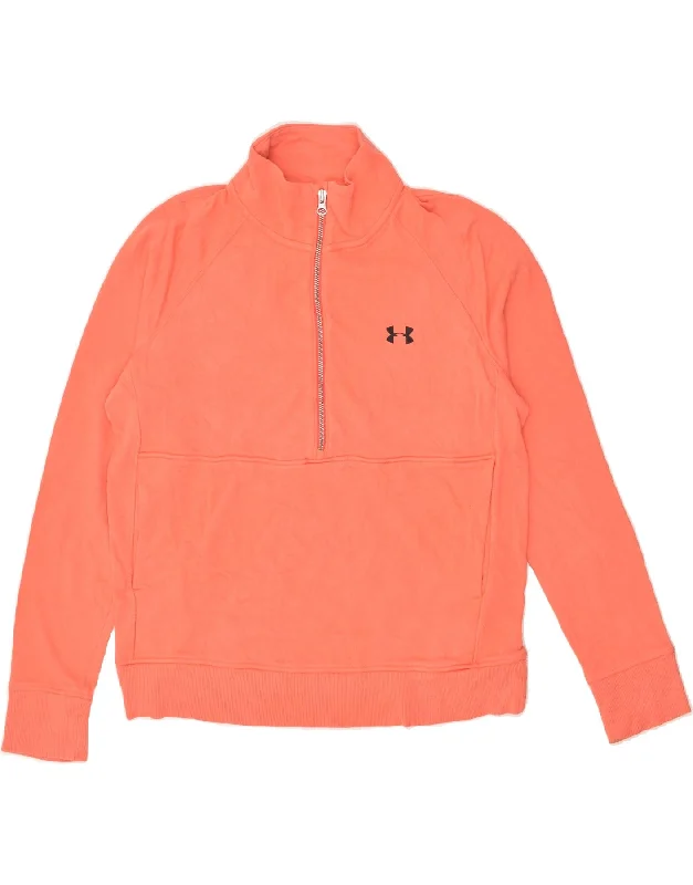 UNDER ARMOUR Womens Zip Neck Sweatshirt Jumper UK 14 Medium Orange Cotton Hoodie with Mock Neck Collared Structured