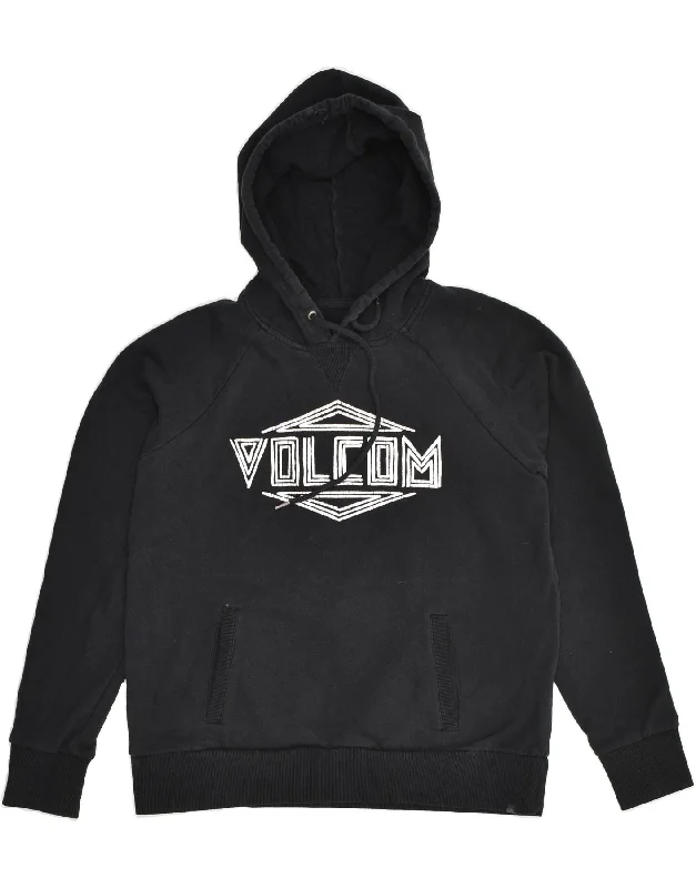 VOLCOM Womens Graphic Hoodie Jumper UK 14 Large Black Cotton Hoodie with Rolled Sleeves Casual Relaxed