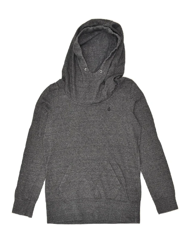 VOLCOM Womens Hoodie Jumper UK 12 Medium Grey Cotton Hoodie with Hem Contrast Bold Stylish