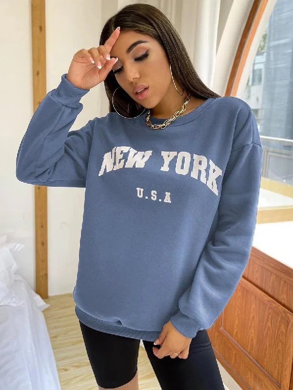 Women's Oversized Sweatshirt Dusky Blue Hoodie with Distressed Vintage Worn