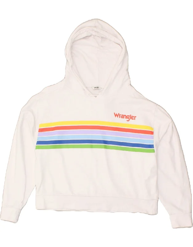 WRANGLER Womens Loose Fit Crop Hoodie Jumper UK 14 Medium White Striped Hoodie with Monochrome Minimalist Simple