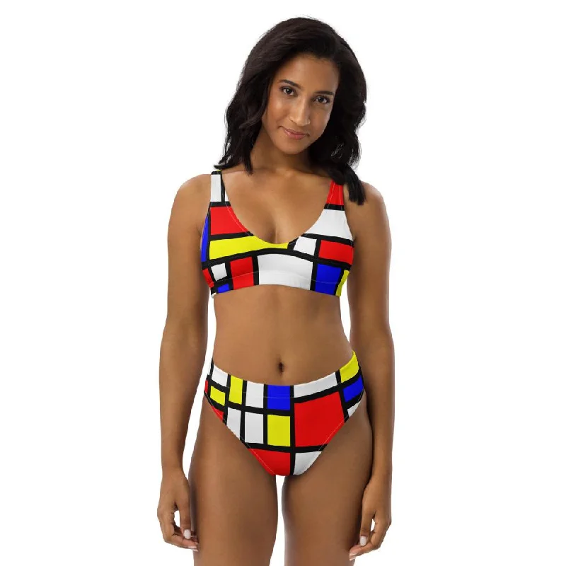 65 MCMLXV Women's Mondrian Color Block Print Recycled High-Waisted Bikini Swimsuit Halter Neck Swimsuit